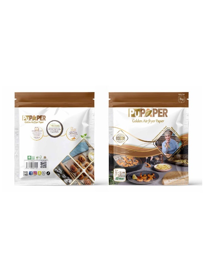 PUPAPER Gold Square Air Fry Paper, 4 Packs, 32x32cm - 22 Sheets - Non-stick and Oil Resistant - Oven and Microwave Safe - Image 1